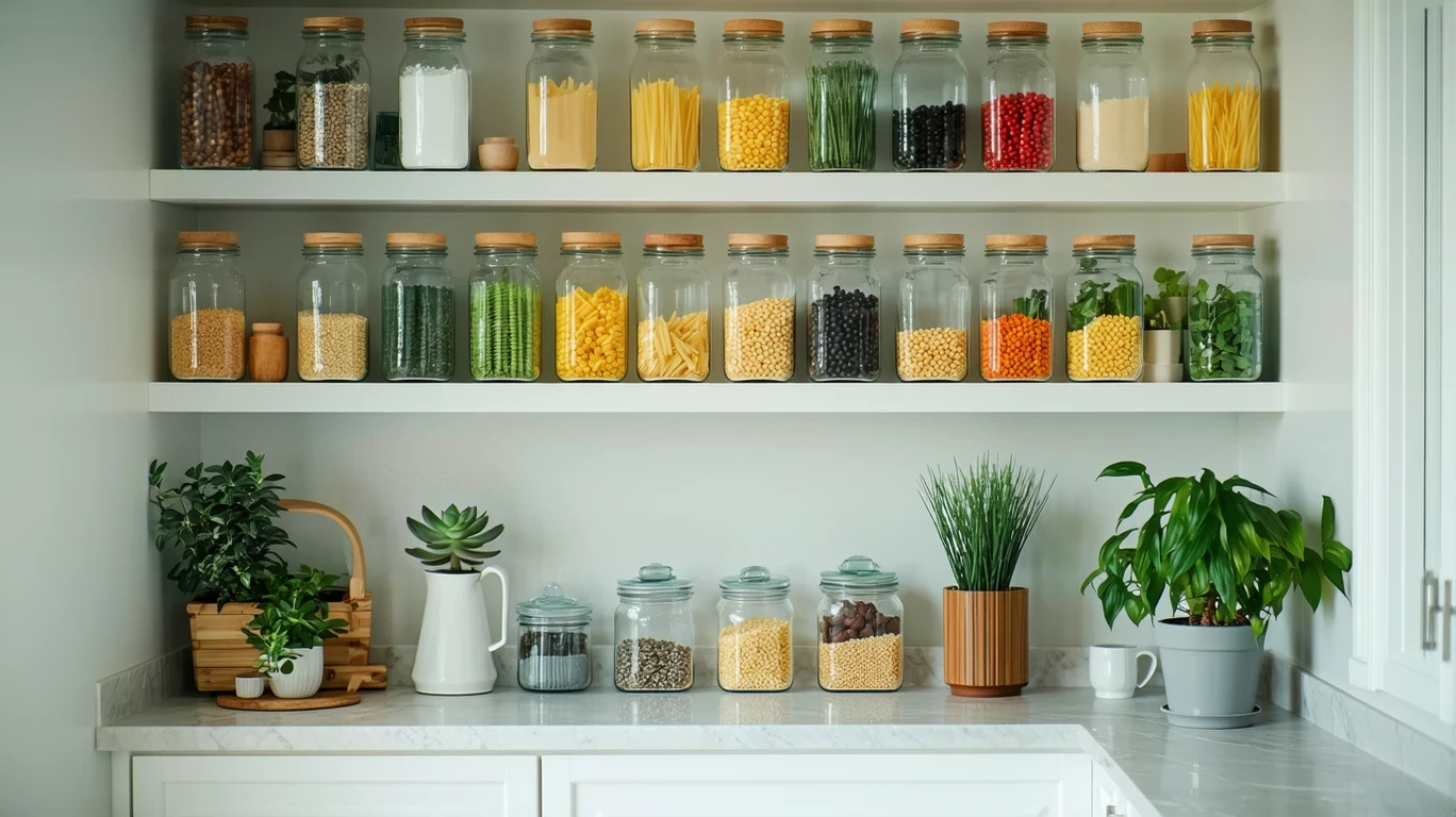 A well-organized pantry shelf with jars of beans, pasta, and rice.