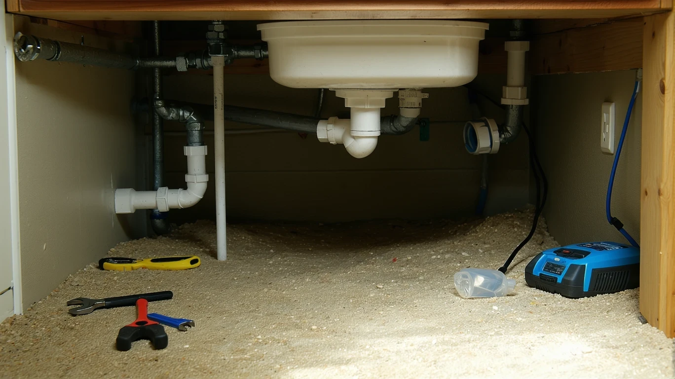 A water meter and piping under a dimly lit kitchen sink crawlspace.