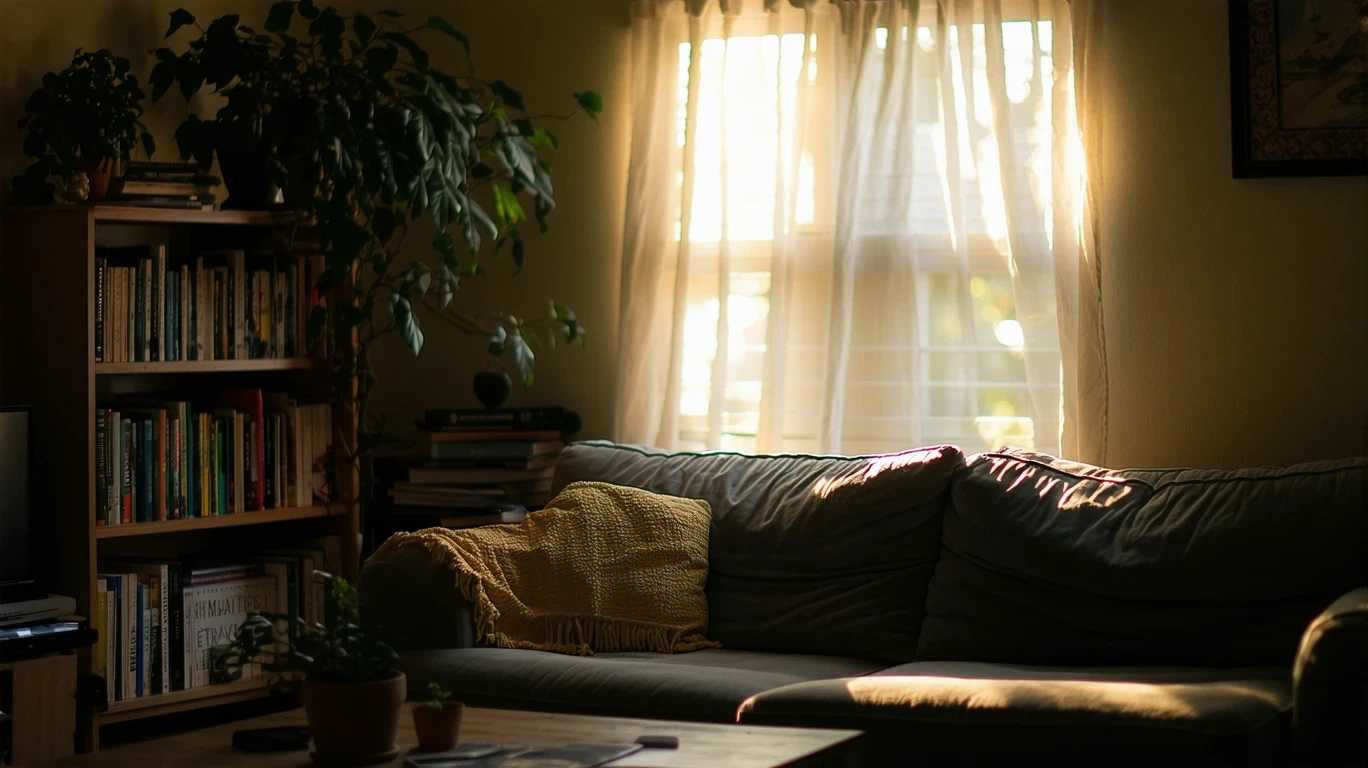 A small, sunlit living room with a couch, bookshelf, and sheer curtains in a San Antonio home.