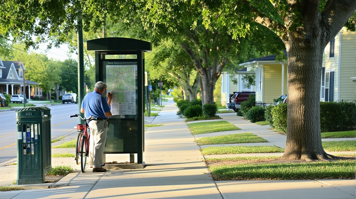 Person reading a transit map at a bus stop kiosk with a bicycle, on a residential street in San Antonio.