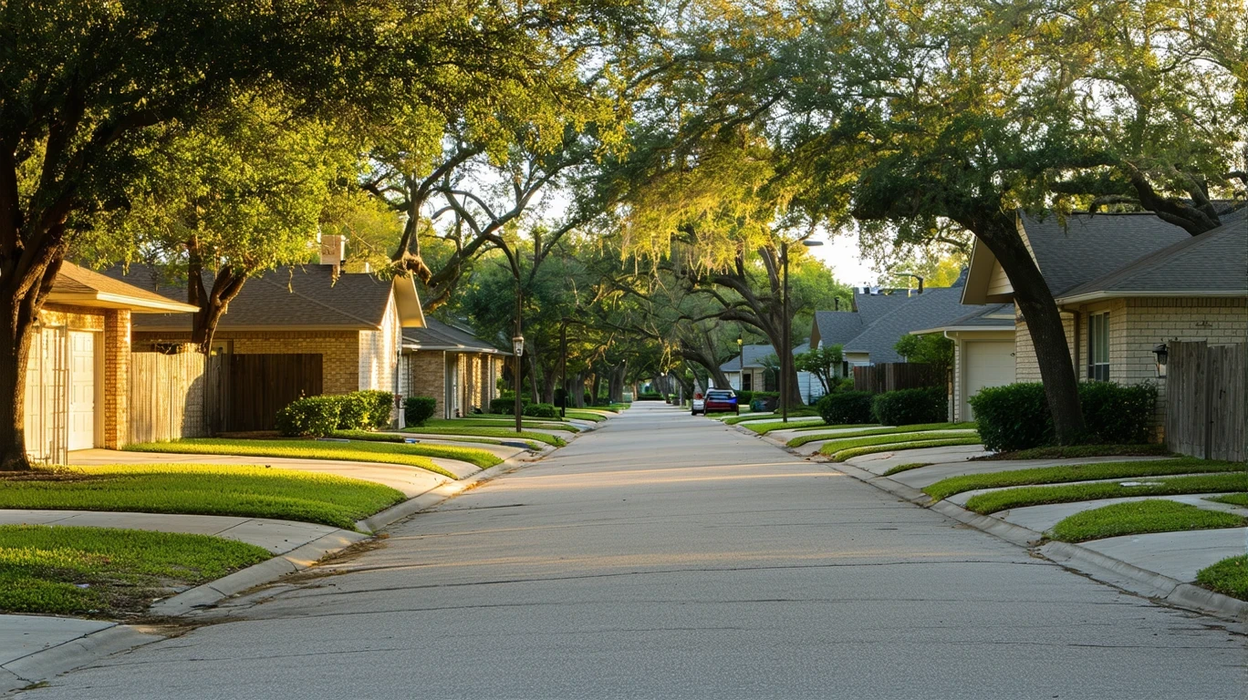 A tree-lined residential street in San Antonio, TX with one-story homes and long shadows at sunrise.
