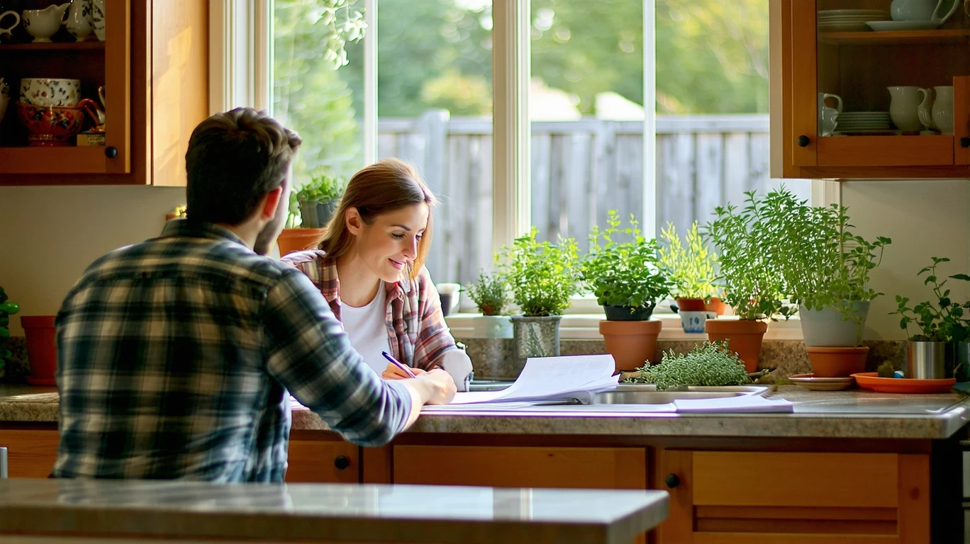 A couple reviews their monthly budget at a kitchen table in a modest San Antonio home.
