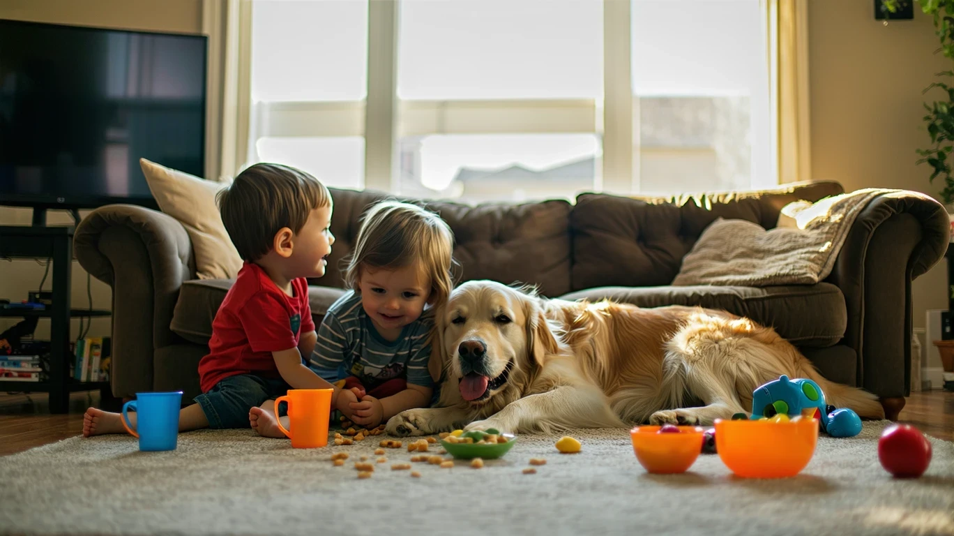 Two children watching TV in a cozy San Antonio living room, a dog sleeping between them.