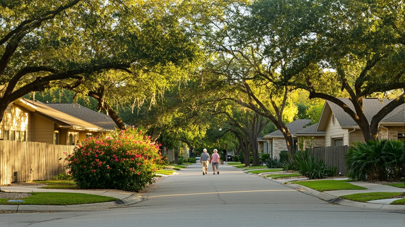 A shaded neighborhood street lined with ranch-style homes and mature trees in San Antonio.