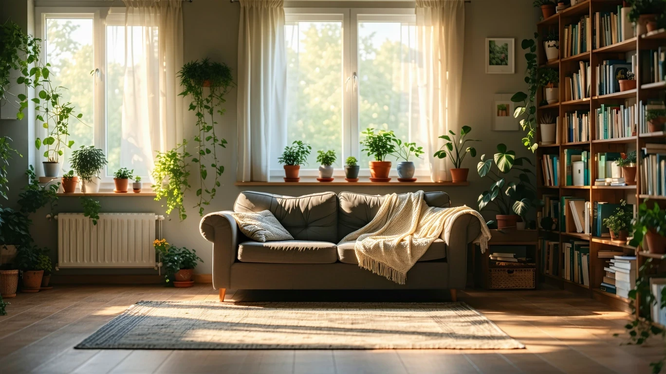 A small, cozy living room interior with a couch, bookshelf, and warm natural light coming through sheer curtains.