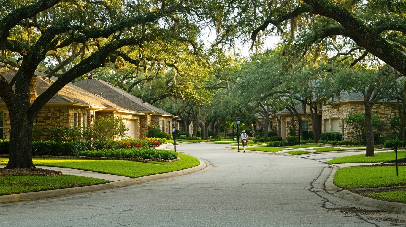 Tree-lined suburban street in San Antonio with sidewalk curving past ranch-style homes.