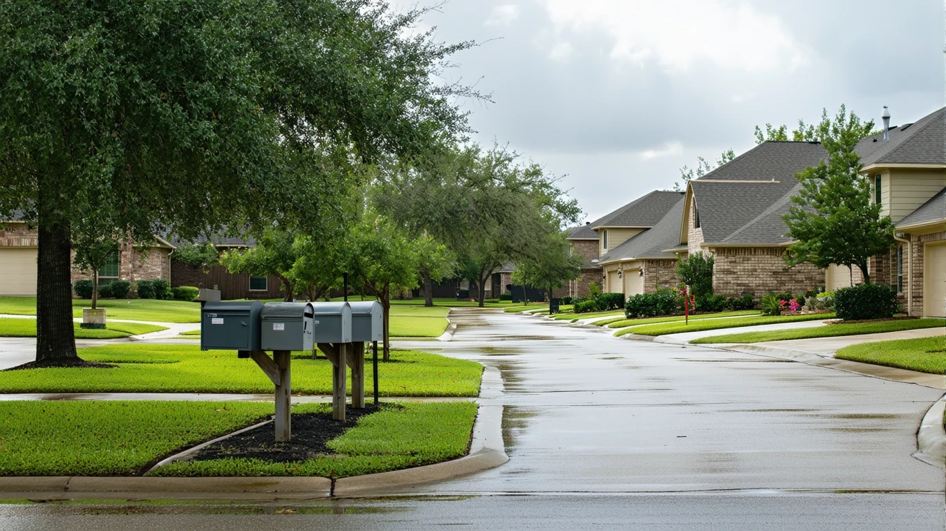 A suburban street in San Antonio with mailboxes, wet pavement, and modest homes on a cloudy day.
