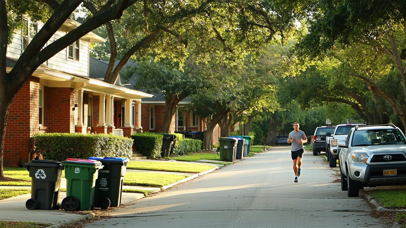 A tree-lined suburban street in San Antonio with brick homes and a jogger.