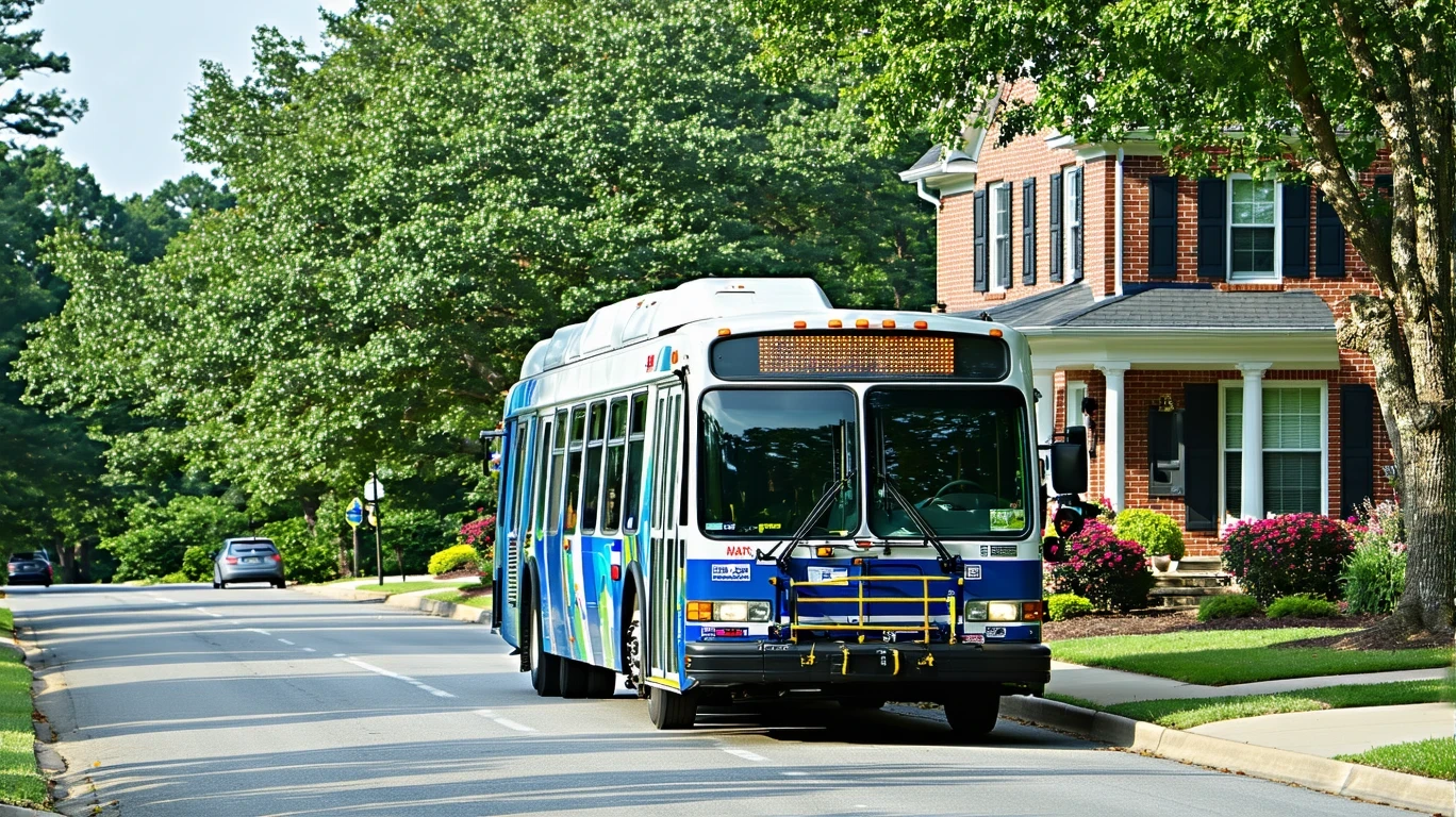 MARTA bus driving past single-story homes on a tree-lined street in Sandy Springs, Georgia.