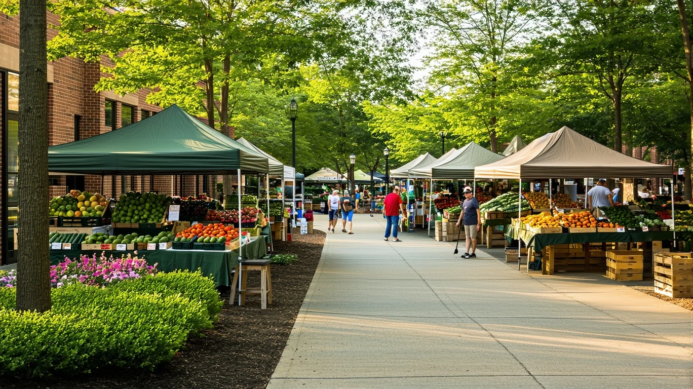 A small farmer's market in Sandy Springs, GA on a sunny morning, with a few vendor tents and shoppers.