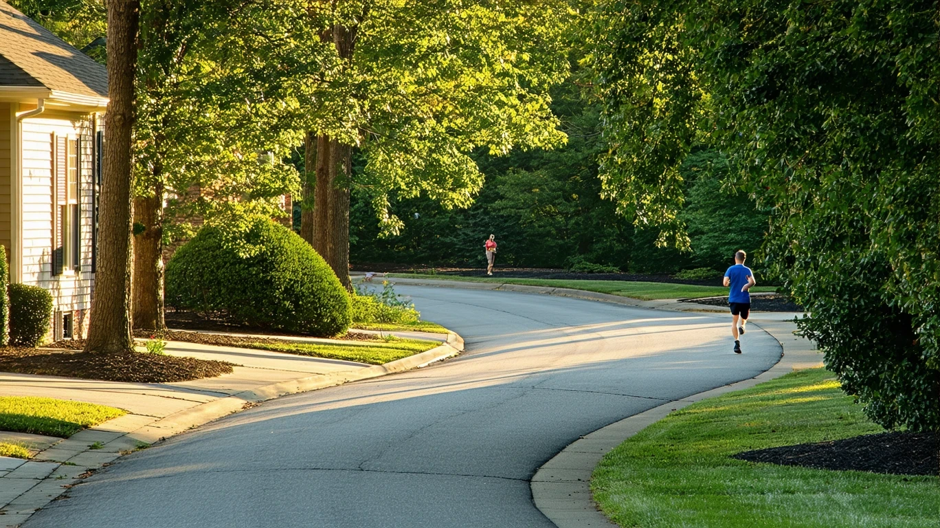 A tree-lined suburban street curves through a neighborhood in Sandy Springs, Georgia on a sunny afternoon.