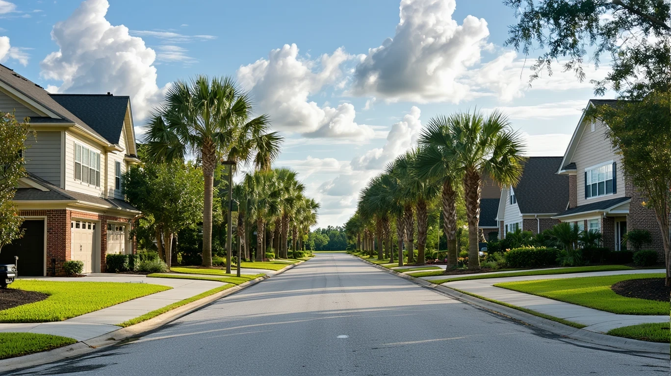 A palm tree-lined avenue in Alpharetta, Georgia with wet pavement after a rain shower.