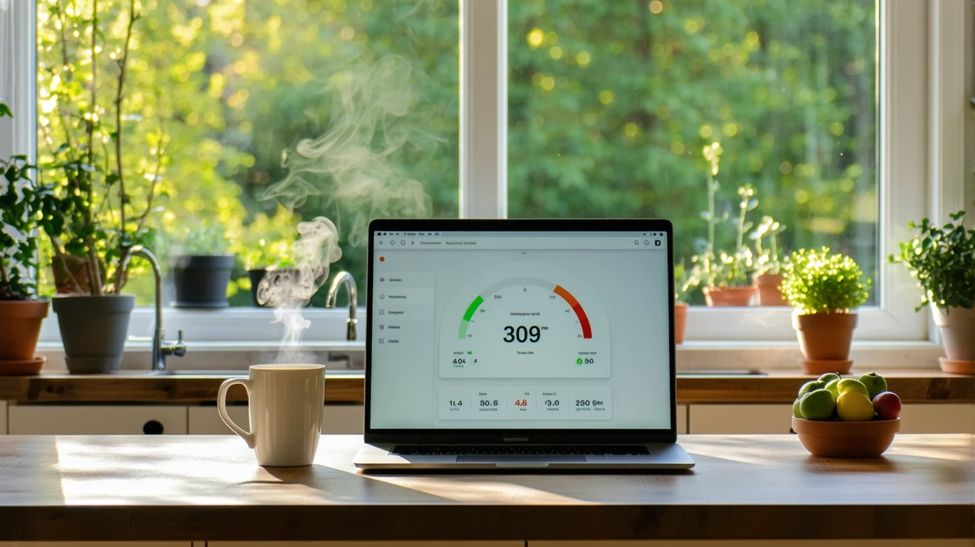 Laptop on kitchen table showing fast internet speed test results, with coffee mug beside it and view of trees outside.