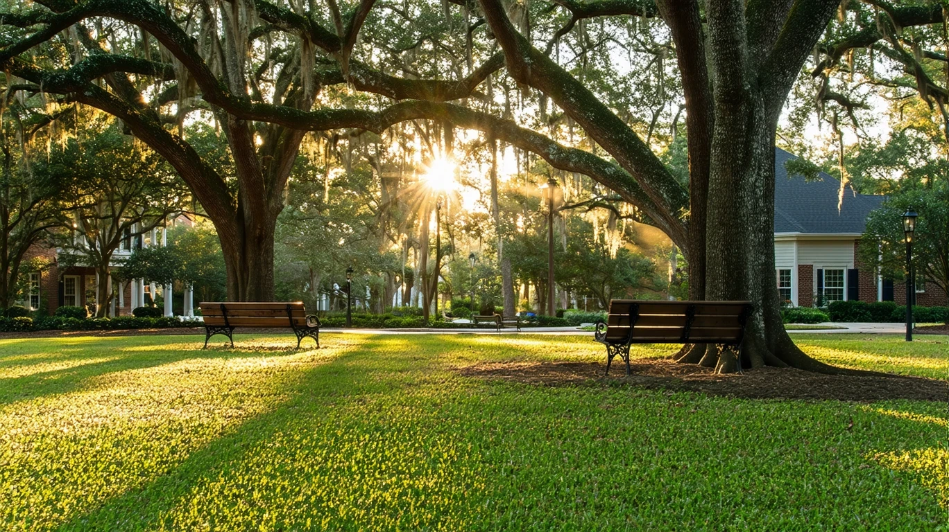A quiet park lawn beneath old oak trees, with empty benches and golden-hour light stretching across the grass in Sandy Springs, Georgia.