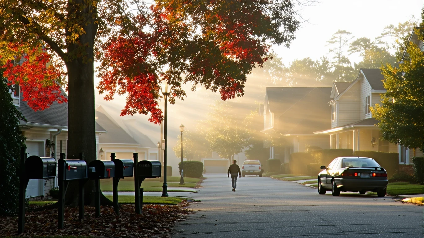 A foggy morning street in Sandy Springs with mailboxes, an old car under a maple tree, and a person walking.