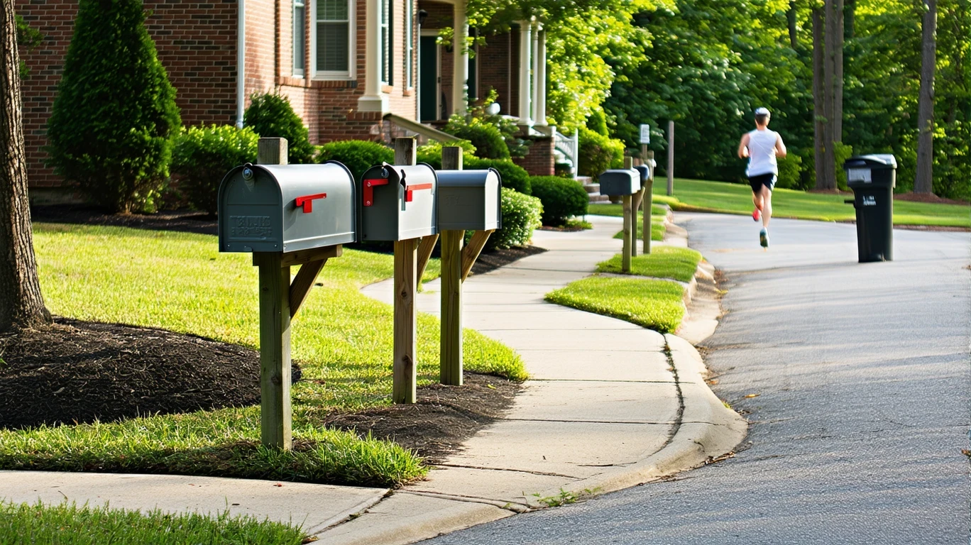 A sunny suburban sidewalk in Sandy Springs, Georgia lined with gray metal mailboxes and tidy ranch homes.