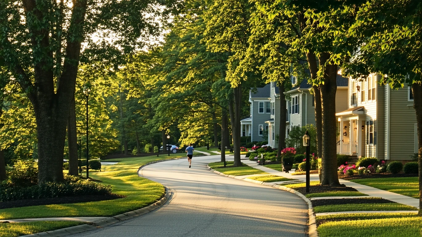 A curving sidewalk on a tree-lined street in a suburban neighborhood with homes visible through the trees.