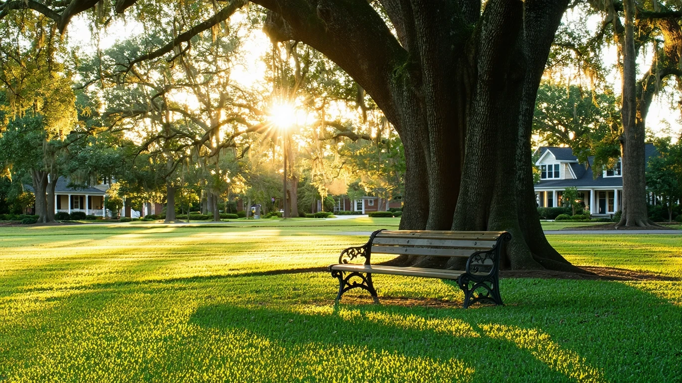 Sunlight on a grassy park with benches under a large oak tree and houses in the background.
