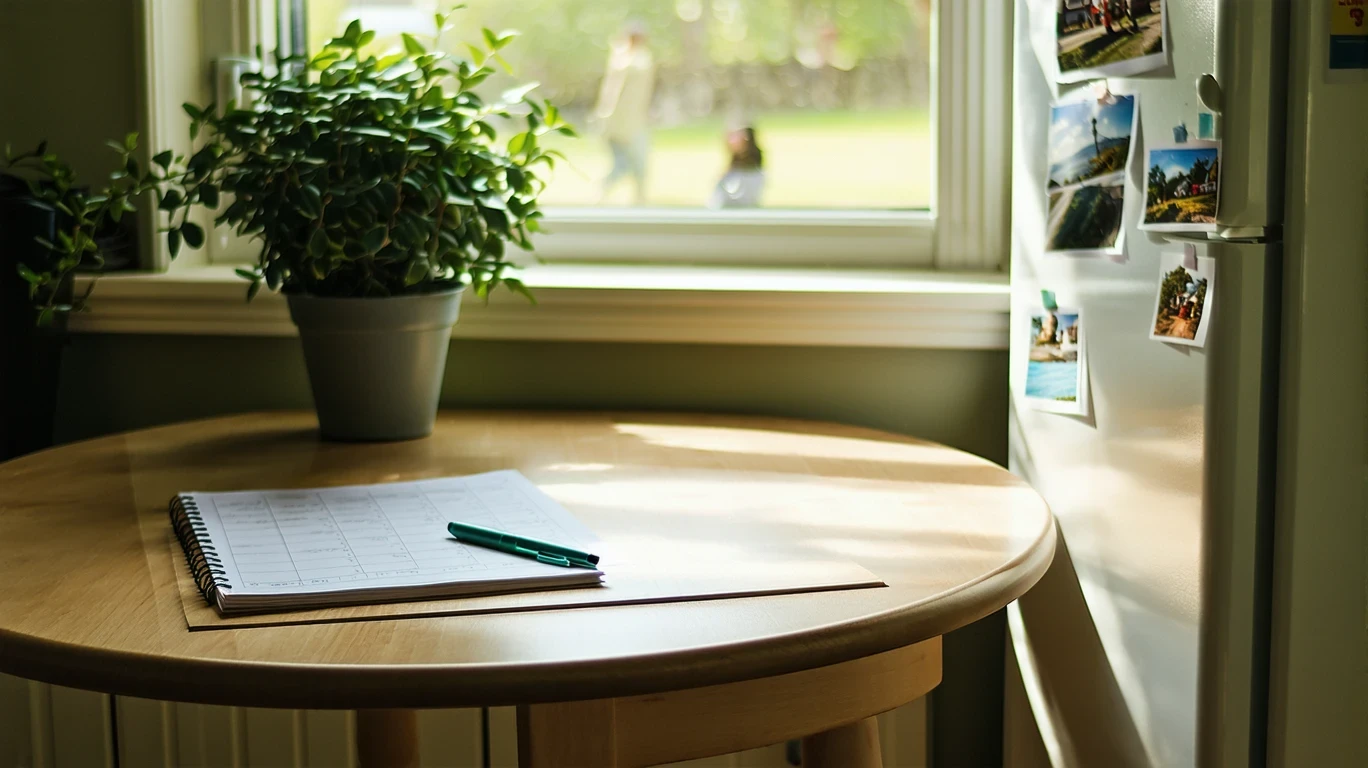 A utility bill, notepad, and pen on a kitchen table in a suburban home.