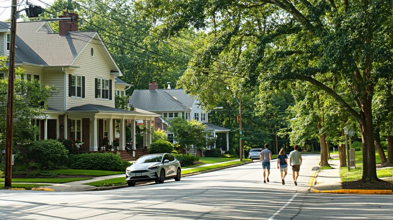 A residential street corner in Sandy Springs with homes, an old car, and a couple walking.