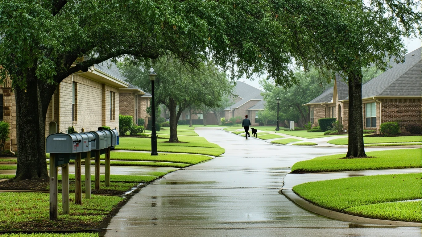 Suburban neighborhood street in Schertz, Texas with mailboxes and a person walking their dog on a cloudy day.