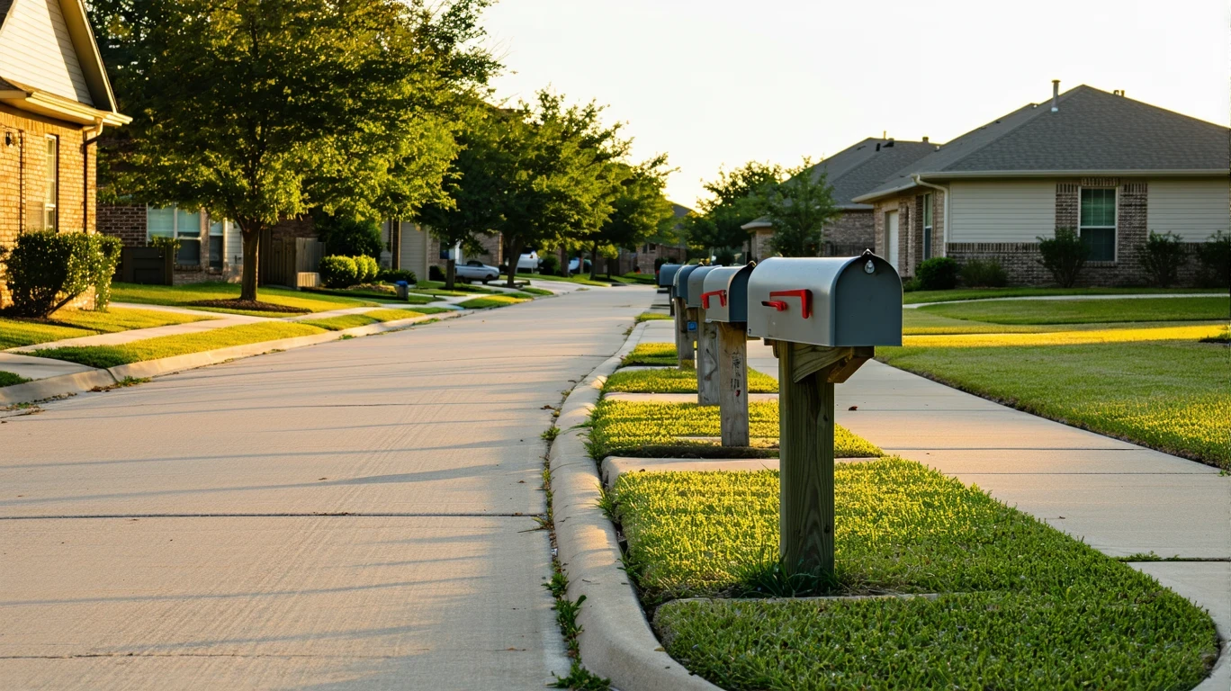 A sunlit sidewalk curving past a row of gray metal mailboxes in front of neat suburban homes in Schertz, Texas.