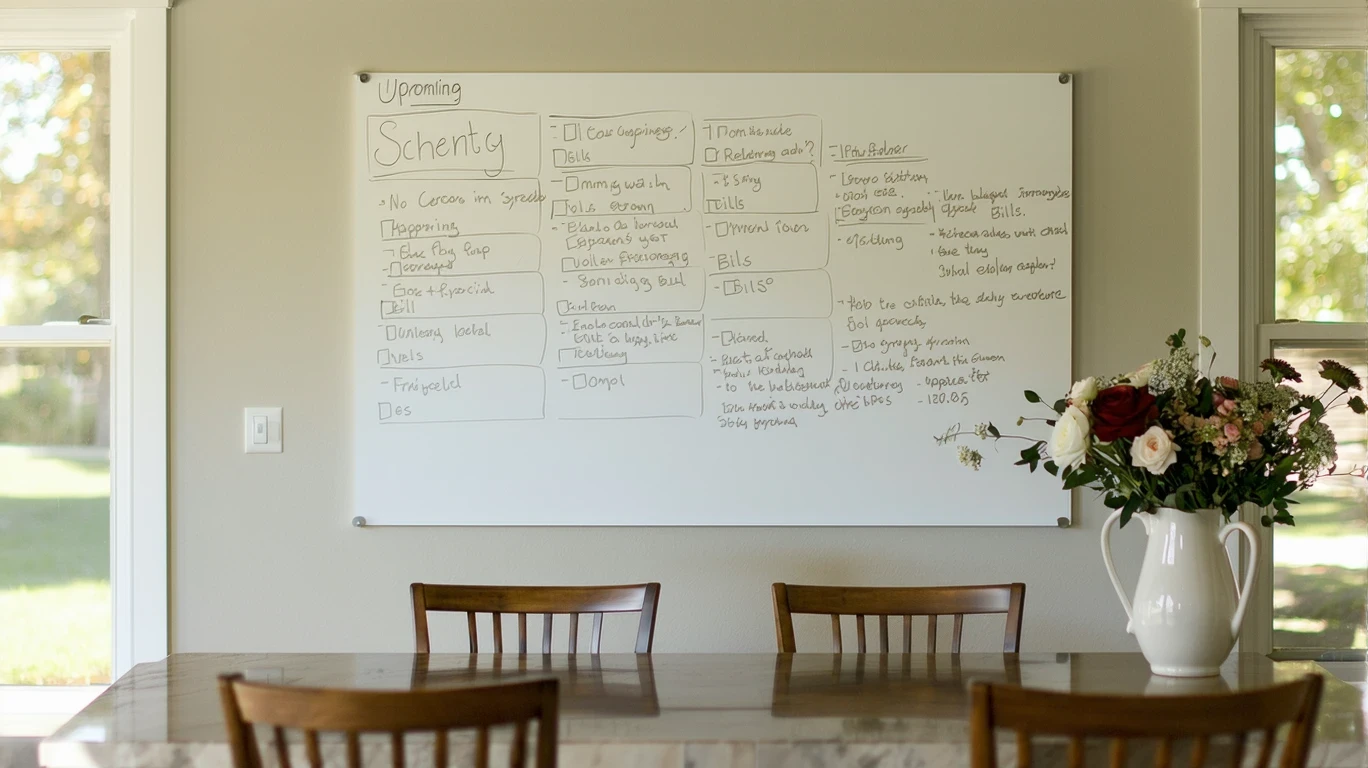 A whiteboard on a dining room wall listing bills and reminders in a suburban Texas home.