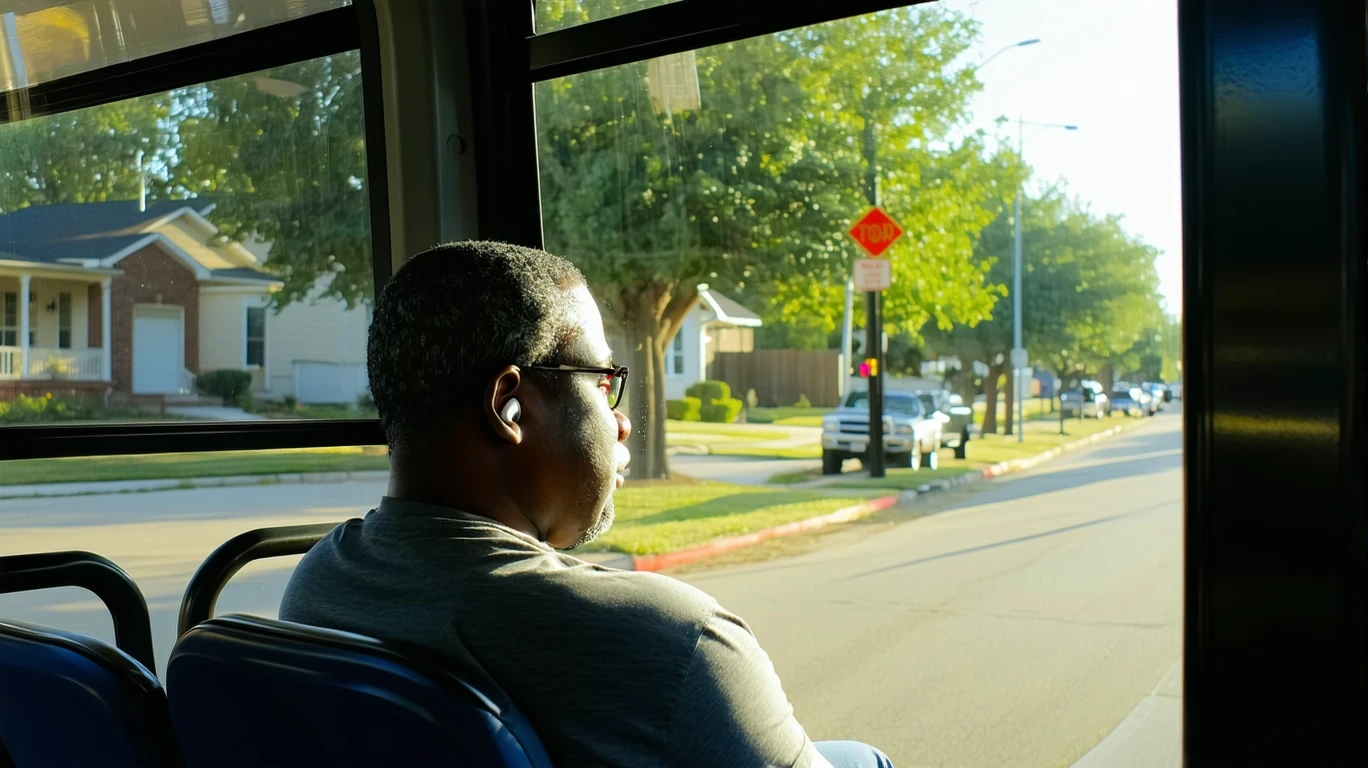 Man riding on a public bus, looking out the window at passing trees and homes