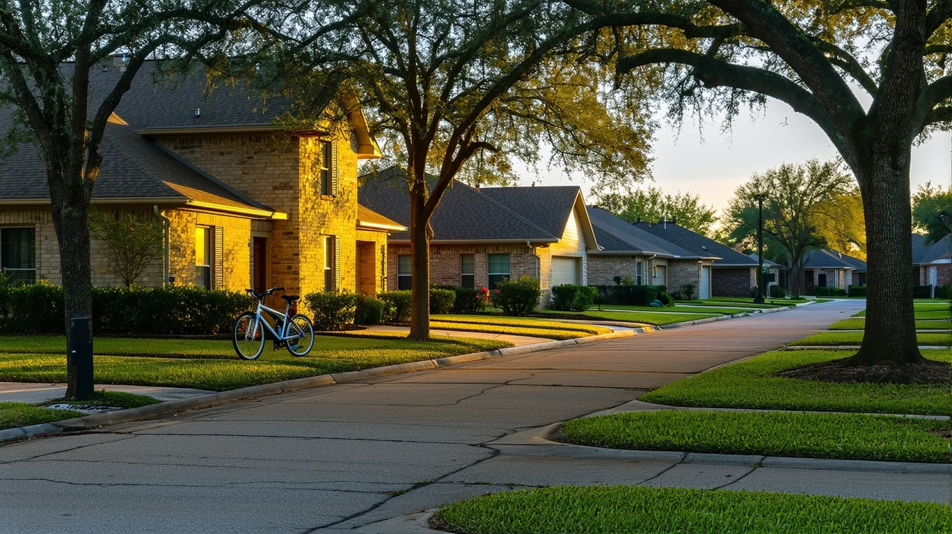 A suburban cul-de-sac in Schertz, TX at dusk with porch lights turning on and a child's bicycle by the curb.