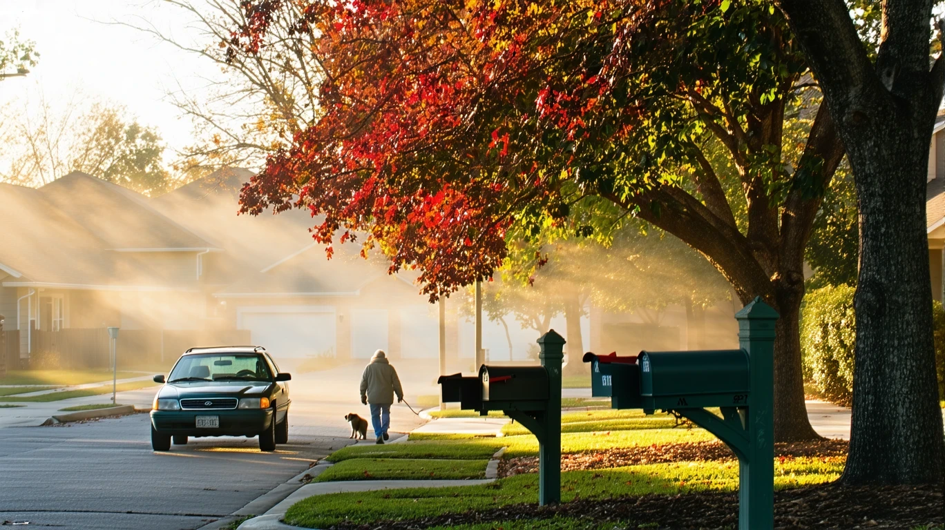 A foggy morning street in Schertz with mailboxes, an old car under a maple tree, and houses in the background.