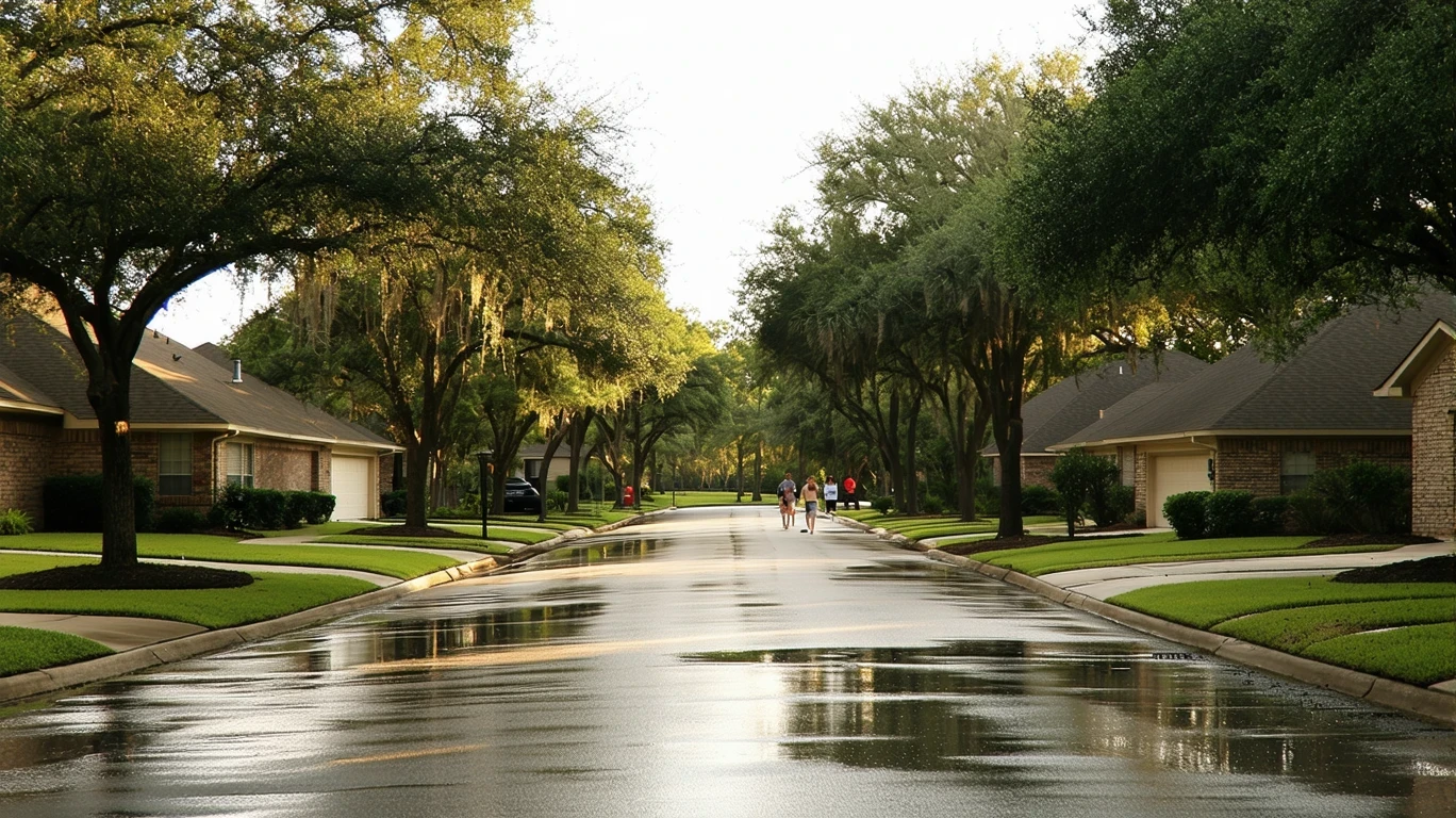 A tree-lined suburban street in Schertz, Texas after a rain shower, with puddles reflecting palm trees.
