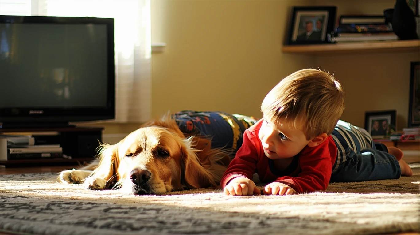 Two children lying on living room floor watching TV with dog