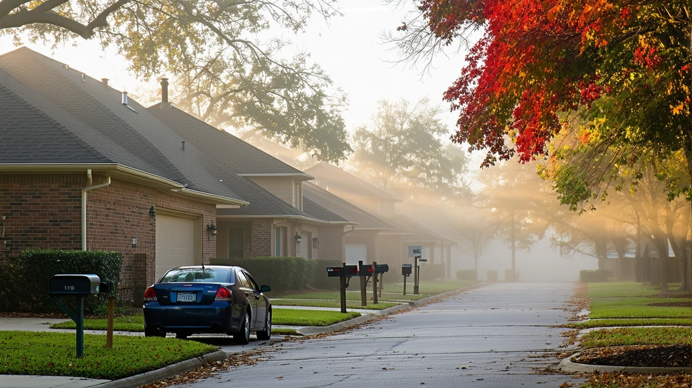 A foggy morning street in a suburban Texas neighborhood, with mailboxes, an old sedan, and a red maple tree in fall colors.