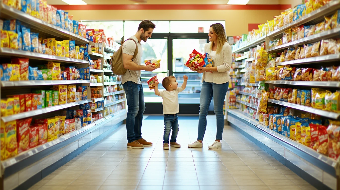 A family of three considers cereal options in a grocery store aisle.