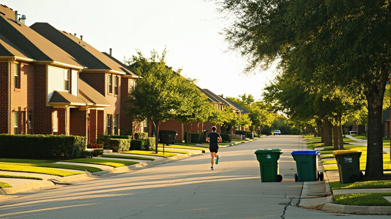 A tree-lined suburban street in Seguin, TX with red-brick homes, trash bins by the curb, and a jogger on the sidewalk.