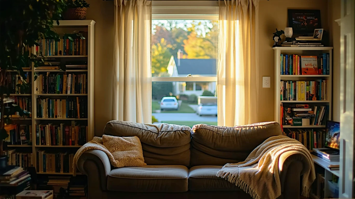 A cozy living room in a Seguin home with a couch, bookshelf, and soft natural light from a large window.