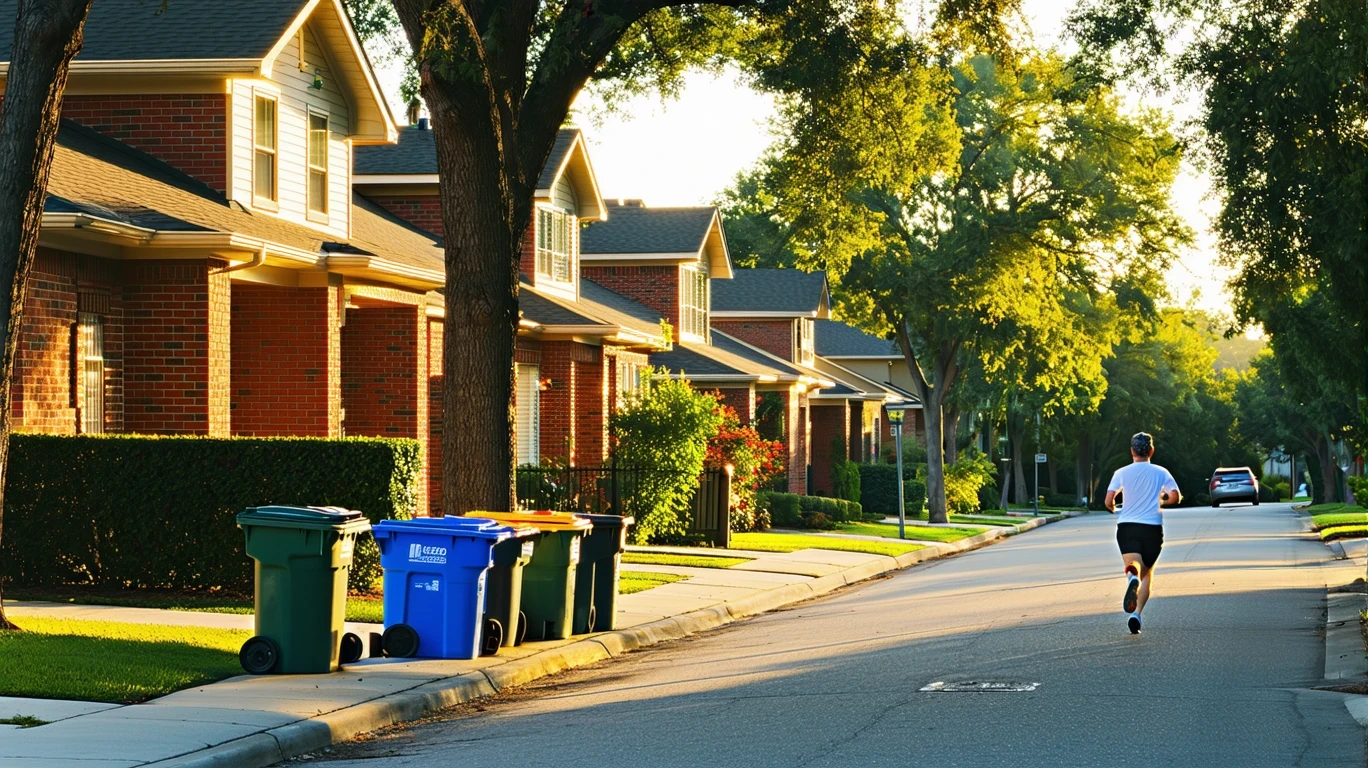 A suburban street in San Marcos with red brick homes, recycling bins on the curb, and a jogger running past.