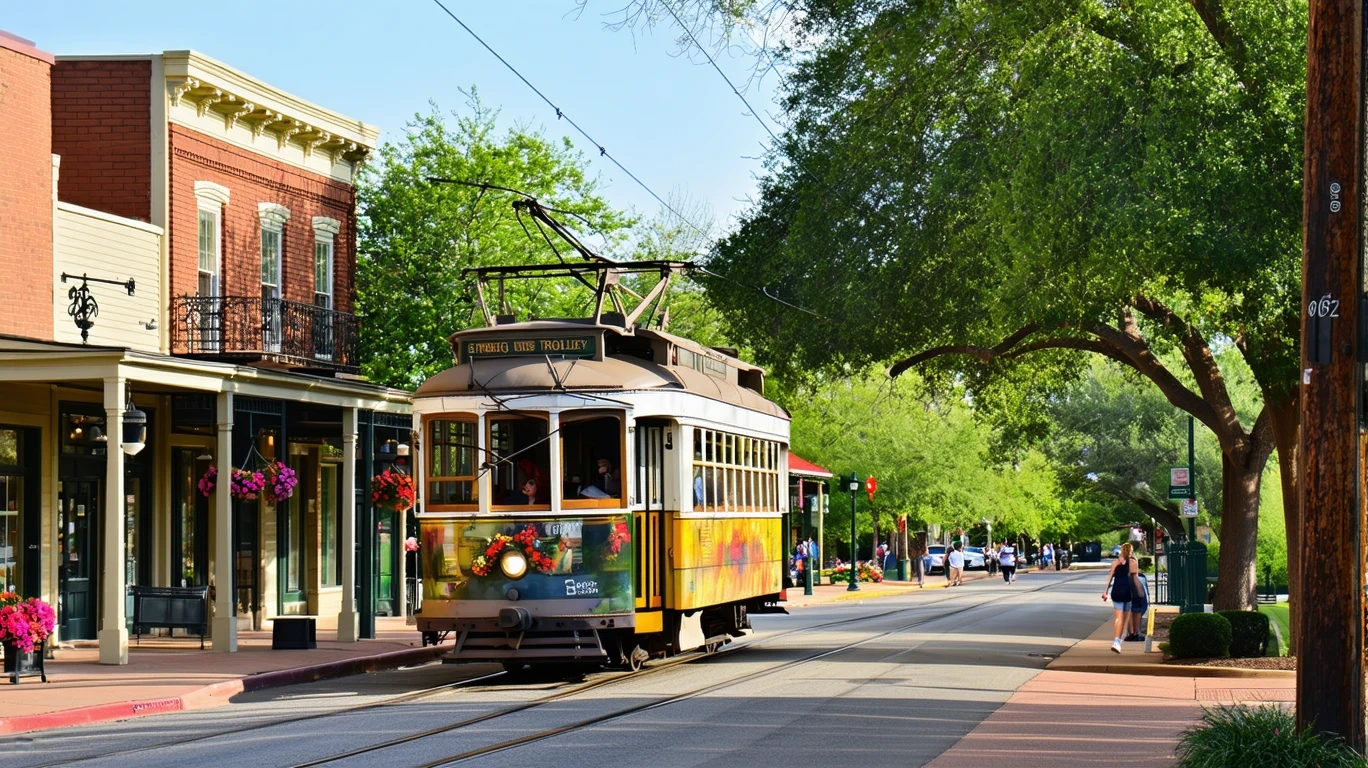 A colorful trolley car turning onto a tree-lined downtown street with storefronts and a few people walking.