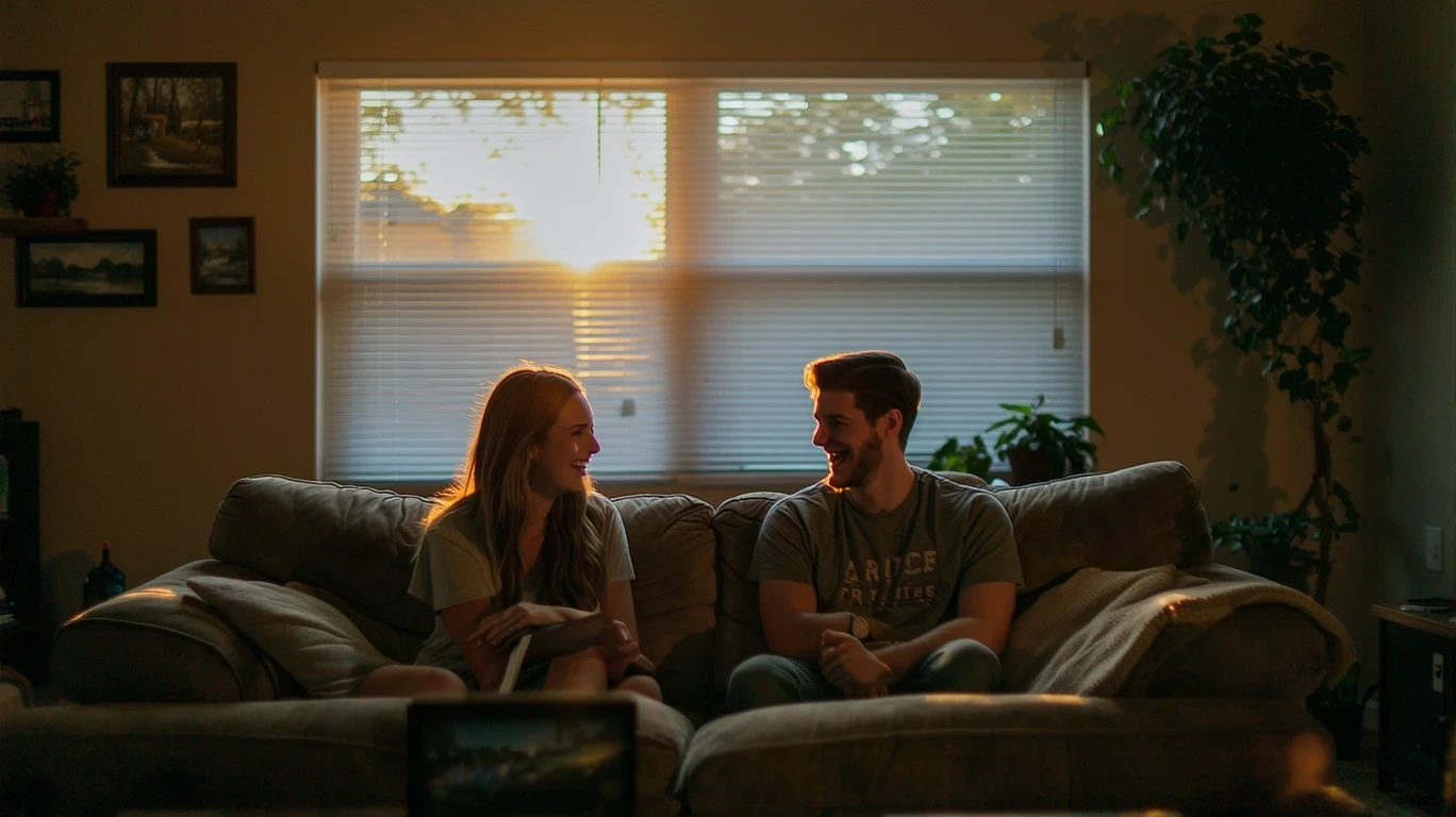 Two roommates laughing together on a couch in a dimly lit living room with a paused TV screen.