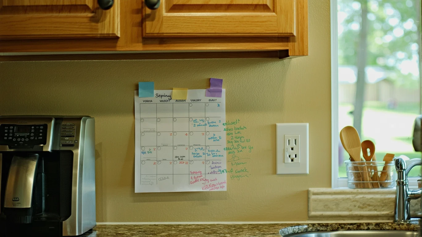 A calendar with circled dates pinned near a phone in a tidy, sunlit kitchen.