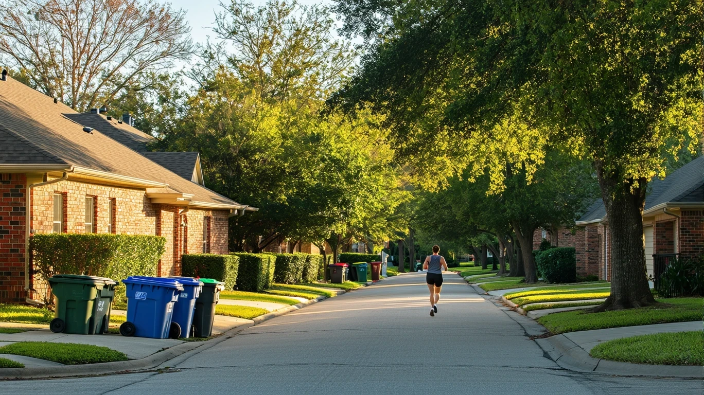 A tree-lined residential street in Seguin, Texas with red-brick homes, garbage bins on the curb, and a jogger on the sidewalk.