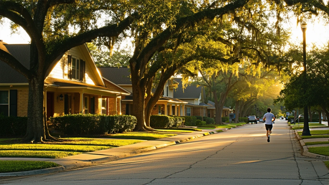 Quiet suburban street in Seguin, Texas with modest one-story homes and leafy trees in morning light.