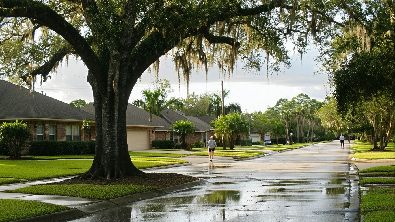 A tree-lined residential street in Seguin, TX on a partly cloudy day after rain, with puddles reflecting the sky and palm trees.
