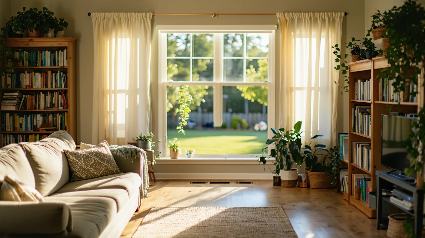 A sunlit living room with a couch, bookshelf, and sheer curtains in a suburban Texas home.