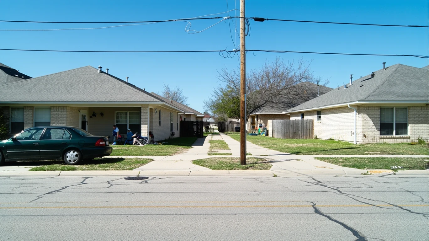 A residential street corner in Seguin, Texas with modest homes, patchy grass, a parked car, and people walking.