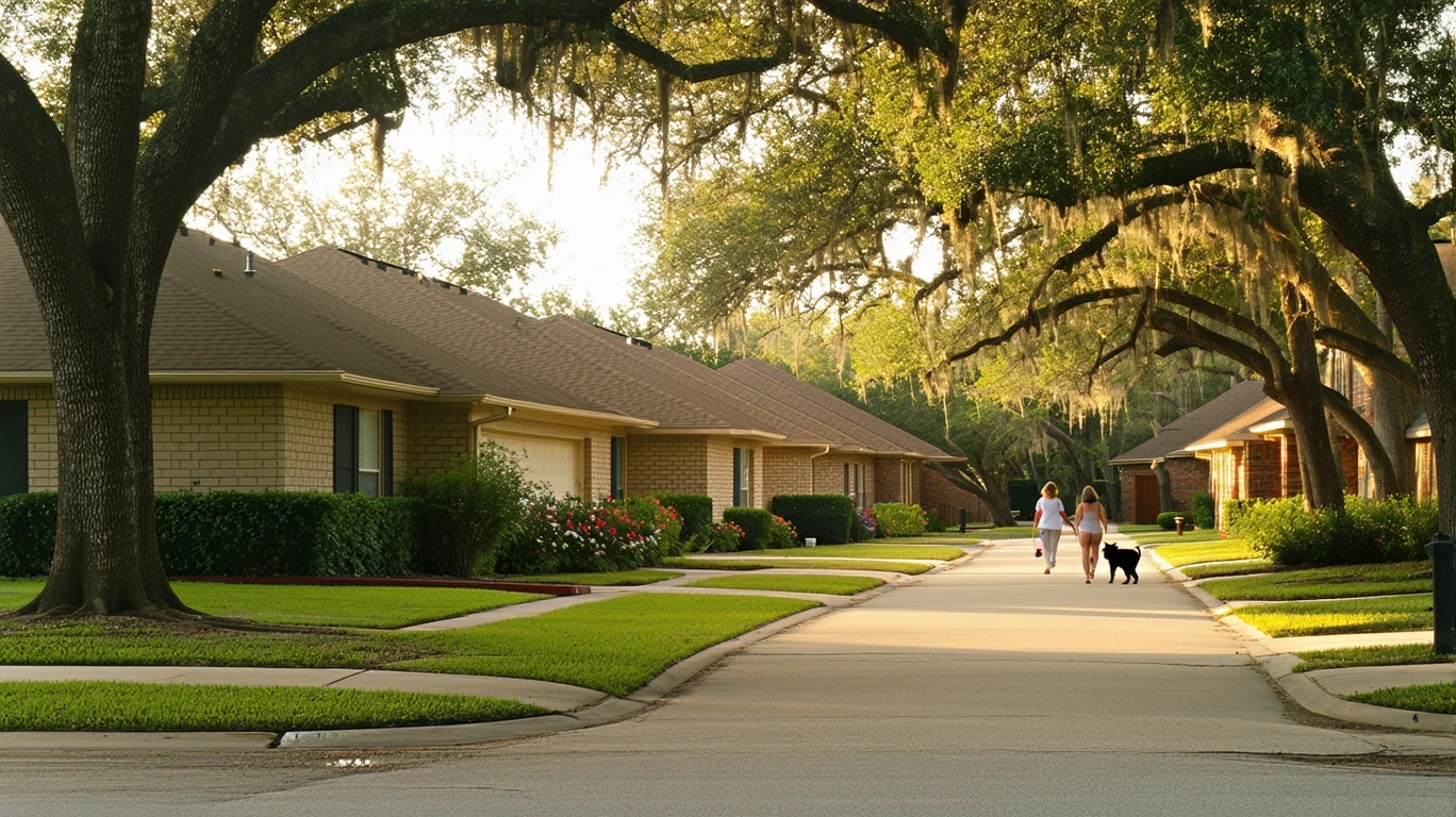Residential street in Seguin, Texas with one-story homes, sidewalk, and trees in morning light.