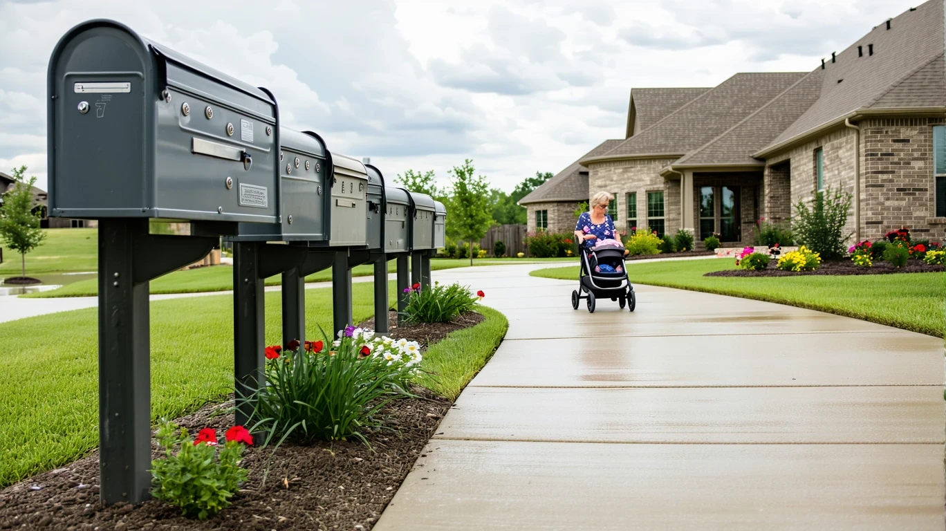 Neighborhood sidewalk in New Braunfels, Texas with mailboxes, homes, and wet pavement under cloudy sky.