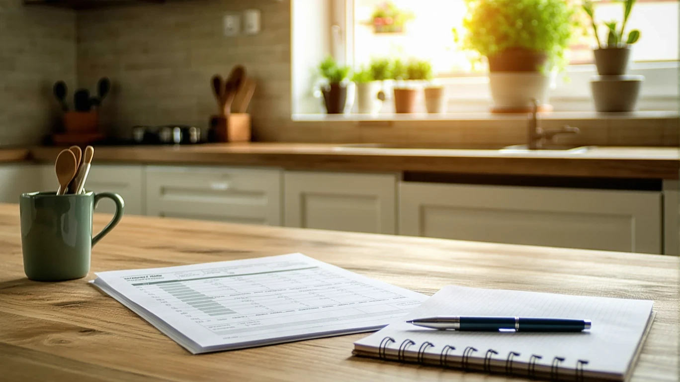 A utility bill, pen, and expense notepad on a kitchen table in a tidy home.