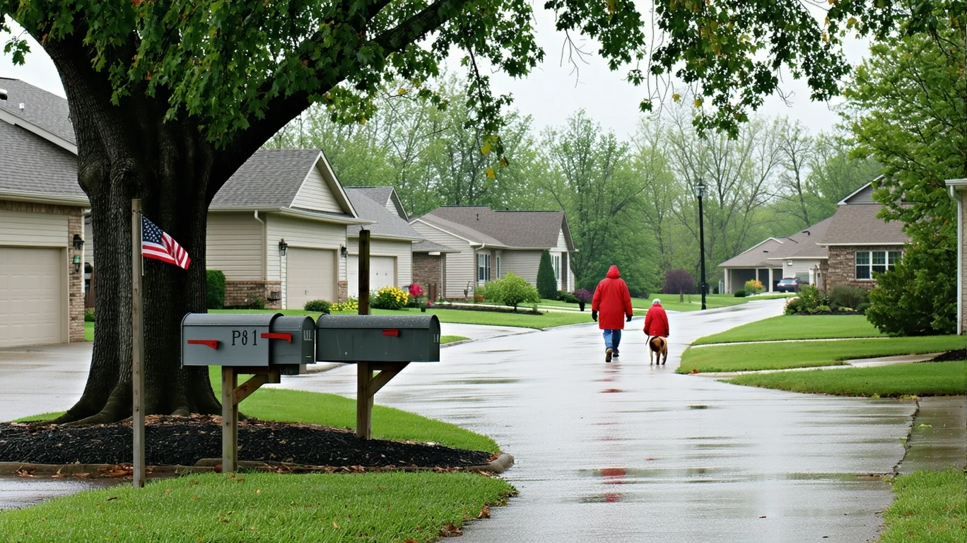 A curved sidewalk in a Seguin neighborhood with mailboxes and a person walking their dog in the rain.