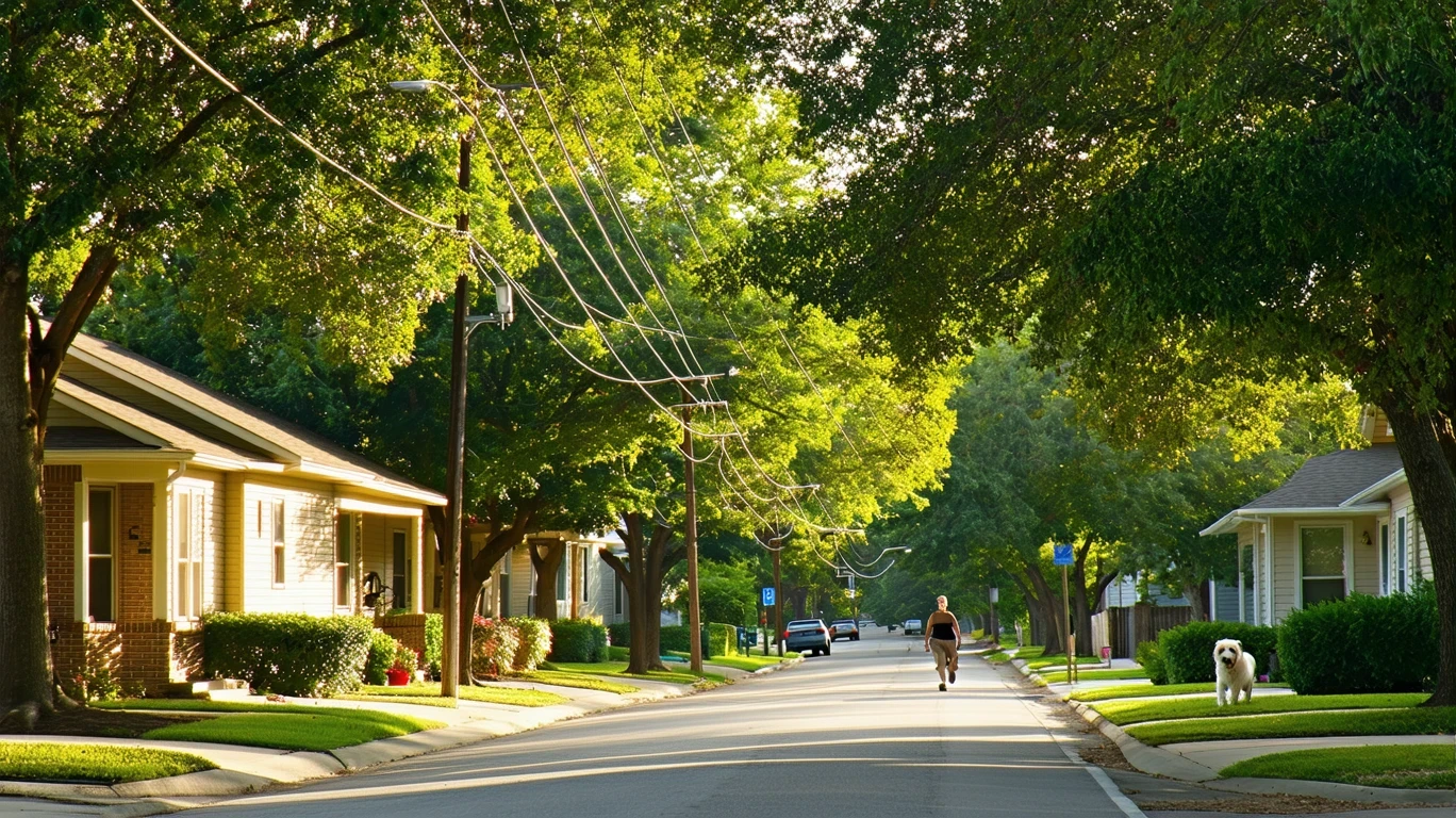 A tree-lined suburban street in Selma, Texas with sunlight filtering through maple branches onto sidewalks and modest homes.